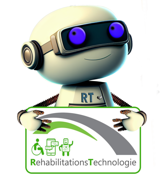 Lächelnder Roboter hält das Logo des Fachgebietes Rehabilitationstechnologie in den Händen